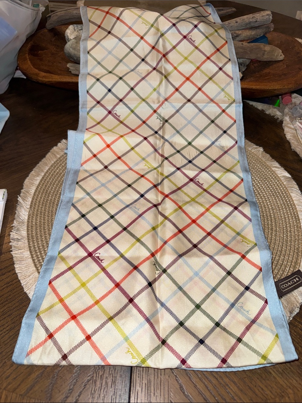 Coach Tatersol Multicolor Plaid Silk Scarf with Light Blue Border
